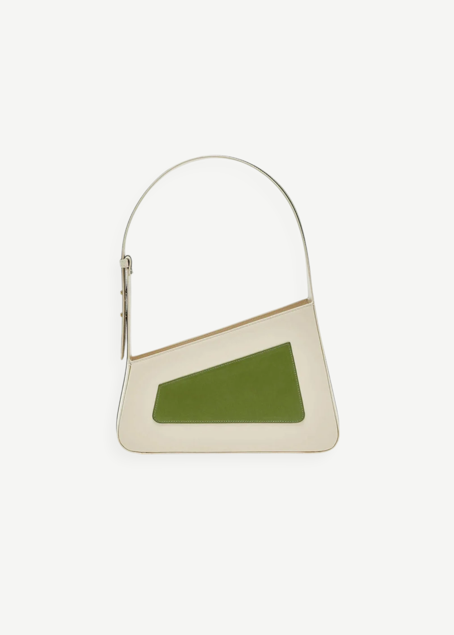 KABE SHOP INC Albert framed handbag in cream and olive green calfskin leather with an asymmetric silhouette.