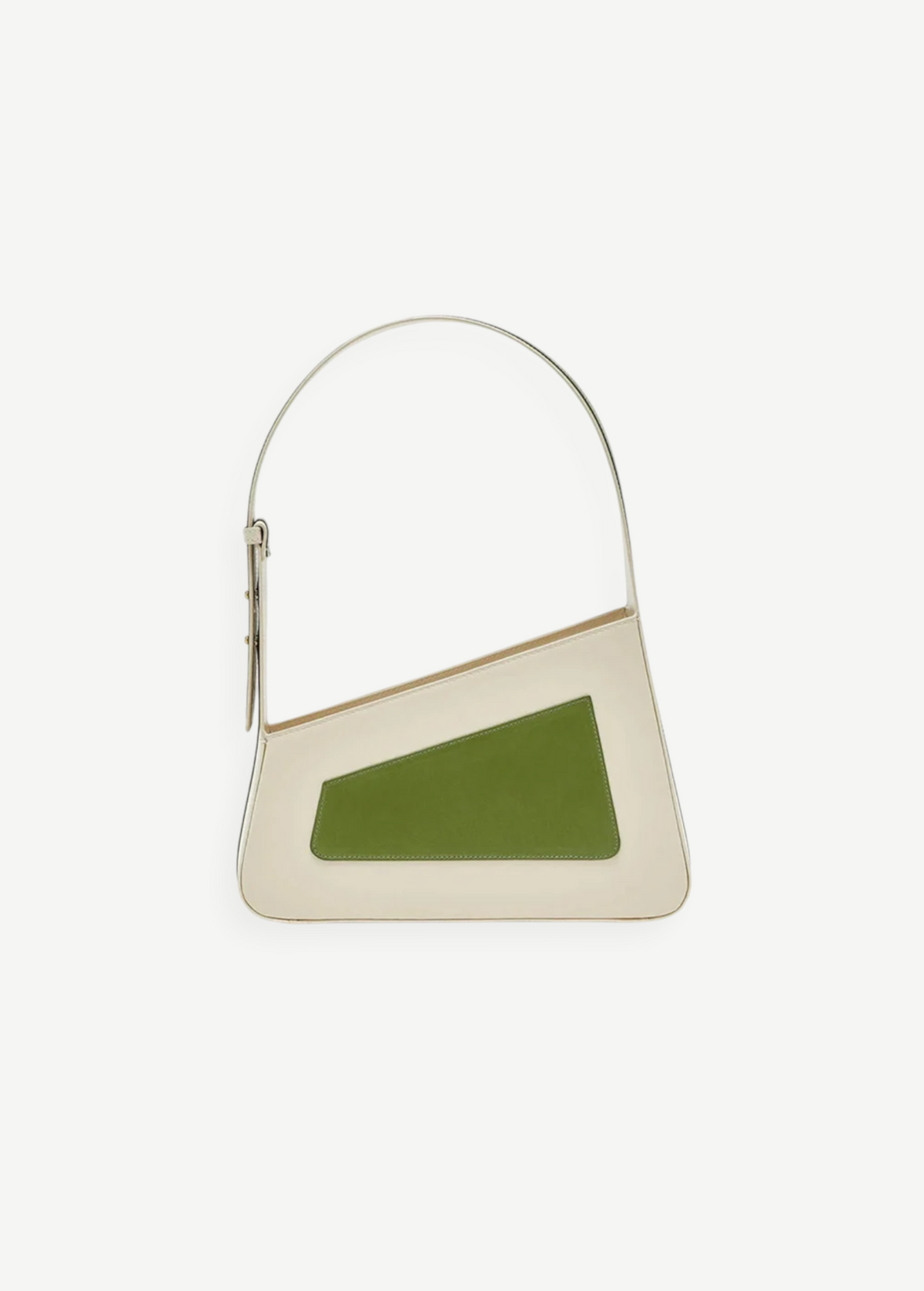 KABE SHOP INC Albert framed handbag in cream and olive green calfskin leather with an asymmetric silhouette.