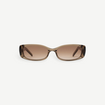 A pair of rectangular brown sunglasses with semi-transparent Mazzucchelli cellulose acetate frames and brown gradient lenses is displayed against a plain white background.