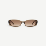 A pair of rectangular brown sunglasses with semi-transparent Mazzucchelli cellulose acetate frames and brown gradient lenses is displayed against a plain white background.