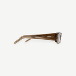 A side view of brown, semi-transparent rectangular sunglasses named Billy, featuring thick frames and the DKNY logo on the temple, set against a plain white background.