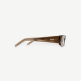 A side view of brown, semi-transparent rectangular sunglasses named Billy, featuring thick frames and the DKNY logo on the temple, set against a plain white background.
