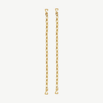 Two pieces from the Lola Swimwear collection, featuring gold chain earrings with small heart-shaped hooks at each end reminiscent of delicate jewelry straps, are displayed vertically against a plain, light beige background.