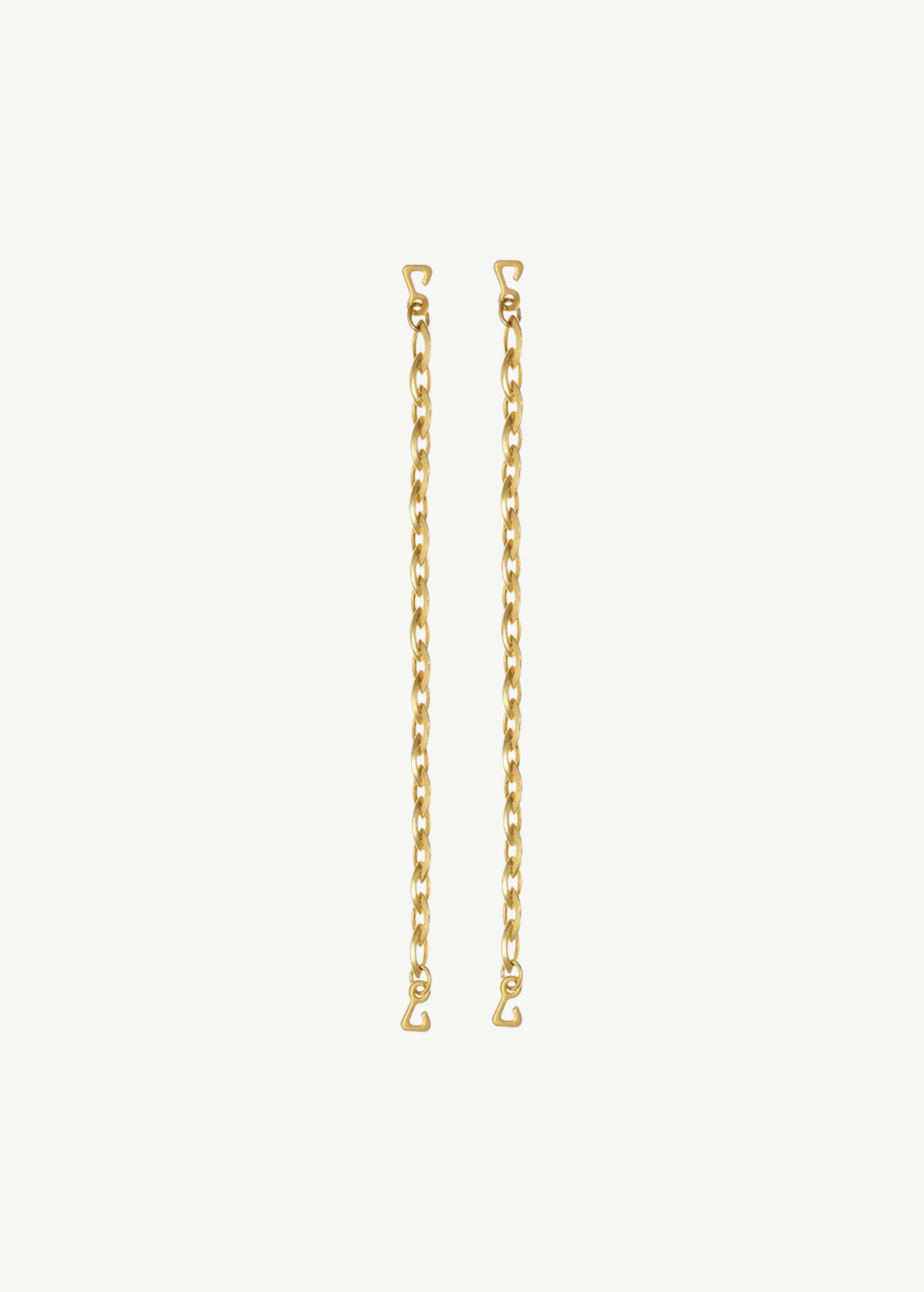 Two pieces from the Lola Swimwear collection, featuring gold chain earrings with small heart-shaped hooks at each end reminiscent of delicate jewelry straps, are displayed vertically against a plain, light beige background.