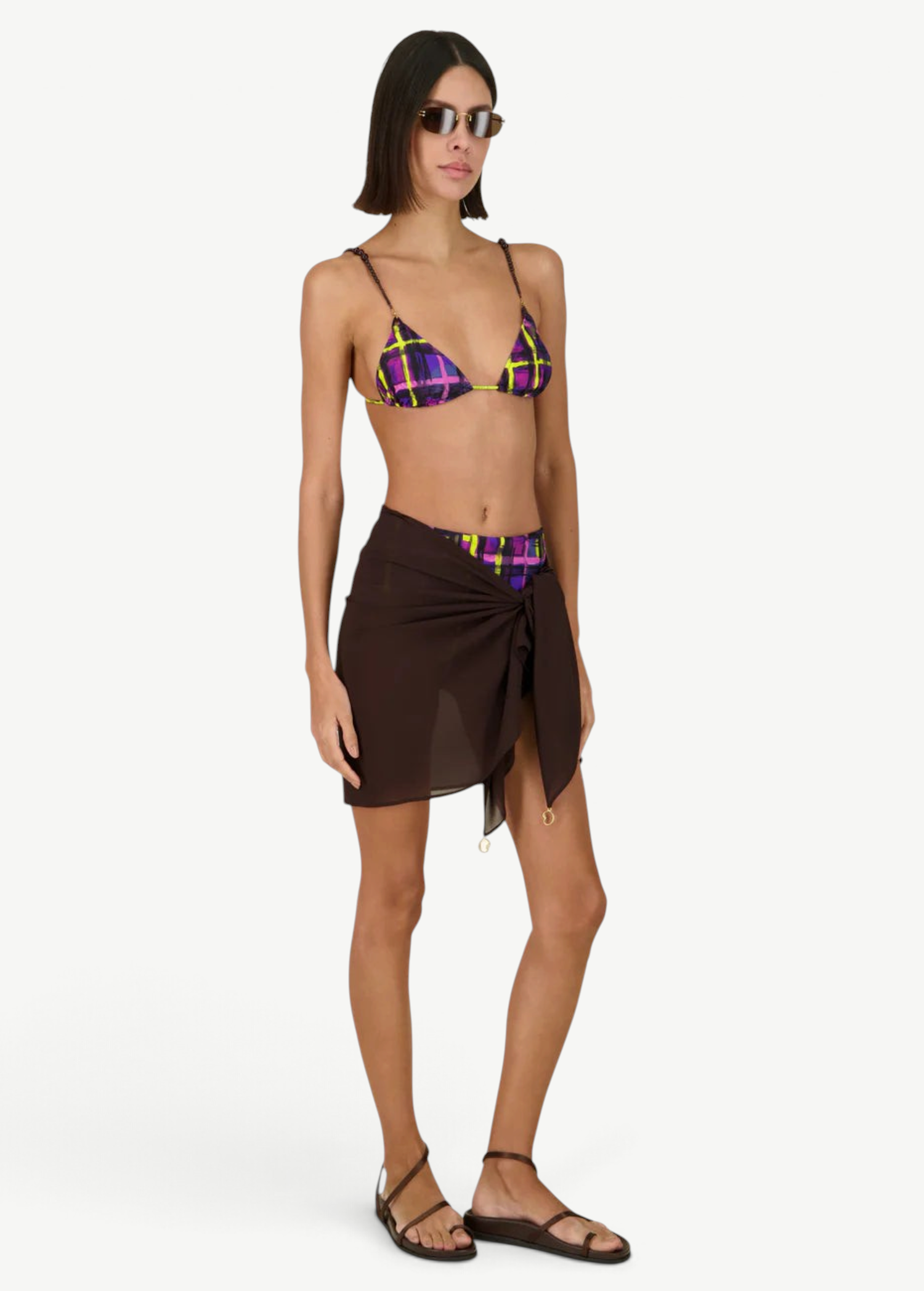 KABE SHOP INC Dolores Top Classic bikini with purple and yellow plaid print, featuring jewelry straps and tie-back.