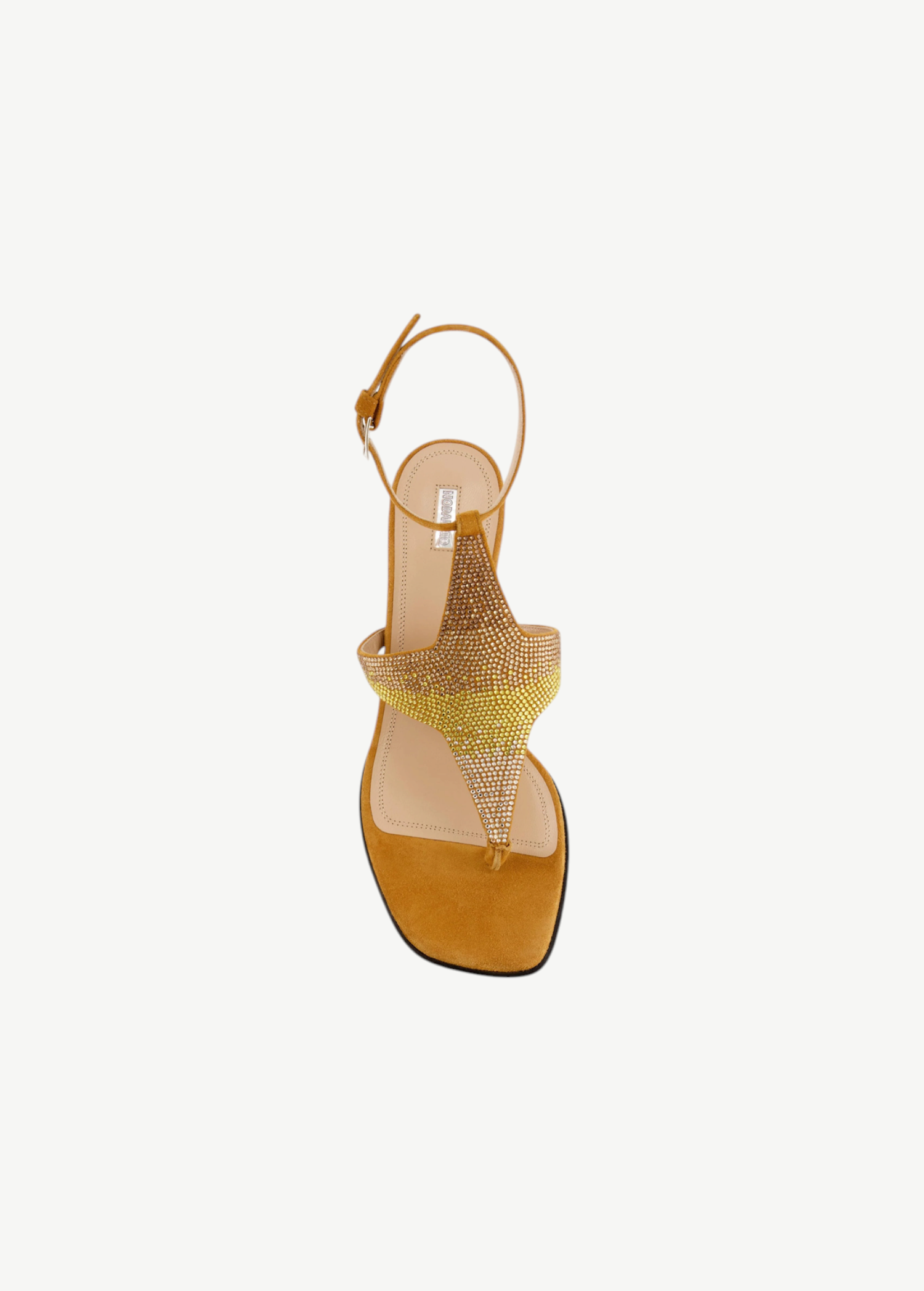 KABE SHOP INC Dona Nova thong sandal in mustard suede with a gradient crystal-embellished T-strap and ankle buckle.