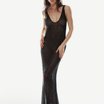 KABE SHOP INC Crystal Maxi Dress in black tulle with shimmering pinstripe rhinestone embellishments and deep back.