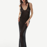 KABE SHOP INC Crystal Maxi Dress in black tulle with shimmering pinstripe rhinestone embellishments and deep back.