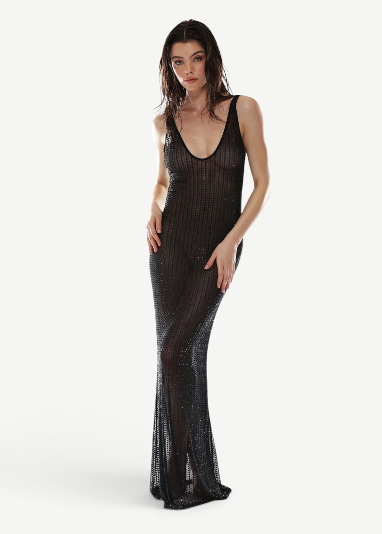 KABE SHOP INC Crystal Maxi Dress in black tulle with shimmering pinstripe rhinestone embellishments and deep back.