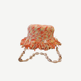 KABE SHOP INC handcrafted crochet bucket hat in multi-colored yarn with fringe trim and a decorative seashell strap.
