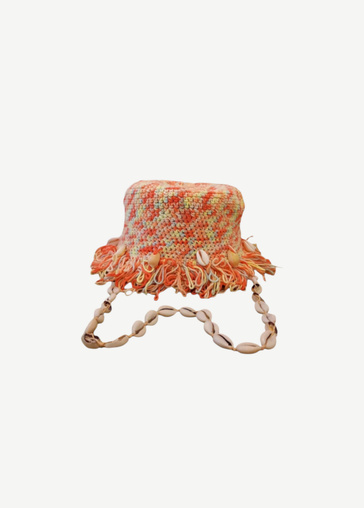 KABE SHOP INC handcrafted crochet bucket hat in multi-colored yarn with fringe trim and a decorative seashell strap.