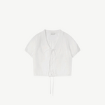 KABE SHOP INC Deiji Studios white cotton poplin top with collared V-neck, pintuck details, and drawcord hem.