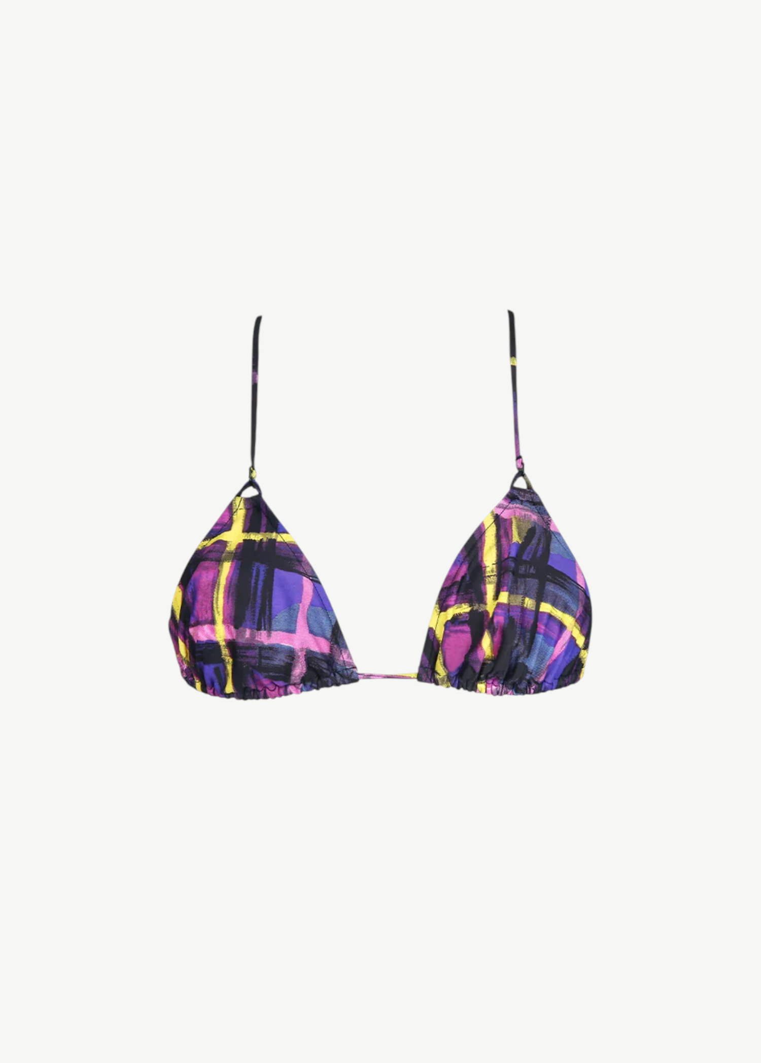 KABE SHOP INC Dolores bikini top in a purple, black, and yellow plaid print with adjustable straps and tie-back.