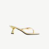 KABE SHOP INC Dona Ruby 55 gold mule sandal with a 50mm heel and a red jewel accent on the toe strap.