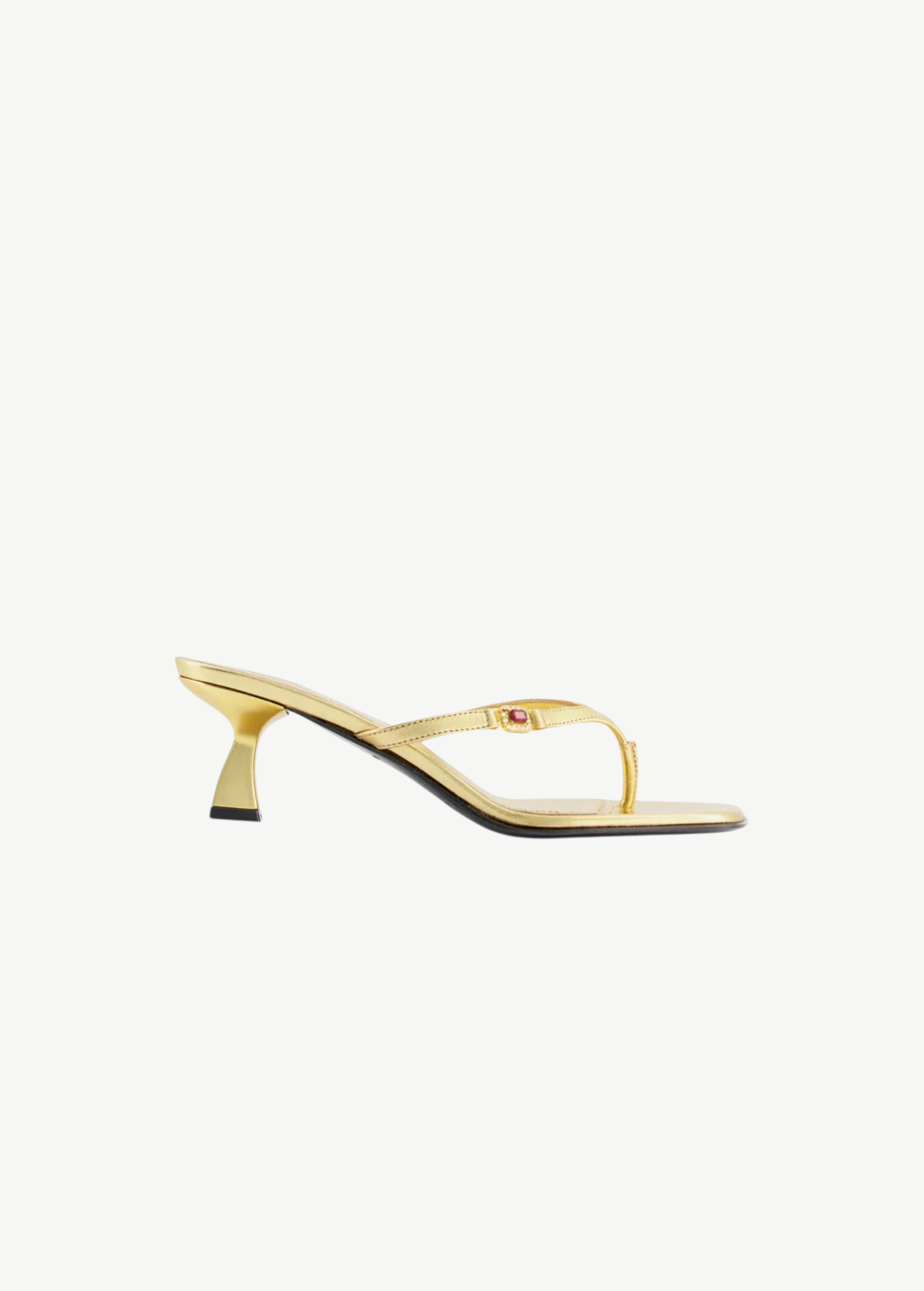 KABE SHOP INC Dona Ruby 55 gold mule sandal with a 50mm heel and a red jewel accent on the toe strap.