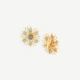 KABE SHOP INC Sunshine earrings featuring gold-tone sunburst designs with blue Chalcedony and Larimar gemstones.