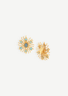 KABE SHOP INC Sunshine earrings featuring gold-tone sunburst designs with blue Chalcedony and Larimar gemstones.
