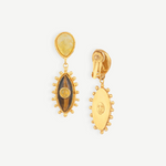 KABE SHOP INC Third Eye earrings featuring Tiger Eye and Yellow Onyx stones in a gold-toned handcrafted setting.