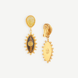 KABE SHOP INC Third Eye earrings featuring Tiger Eye and Yellow Onyx stones in a gold-toned handcrafted setting.