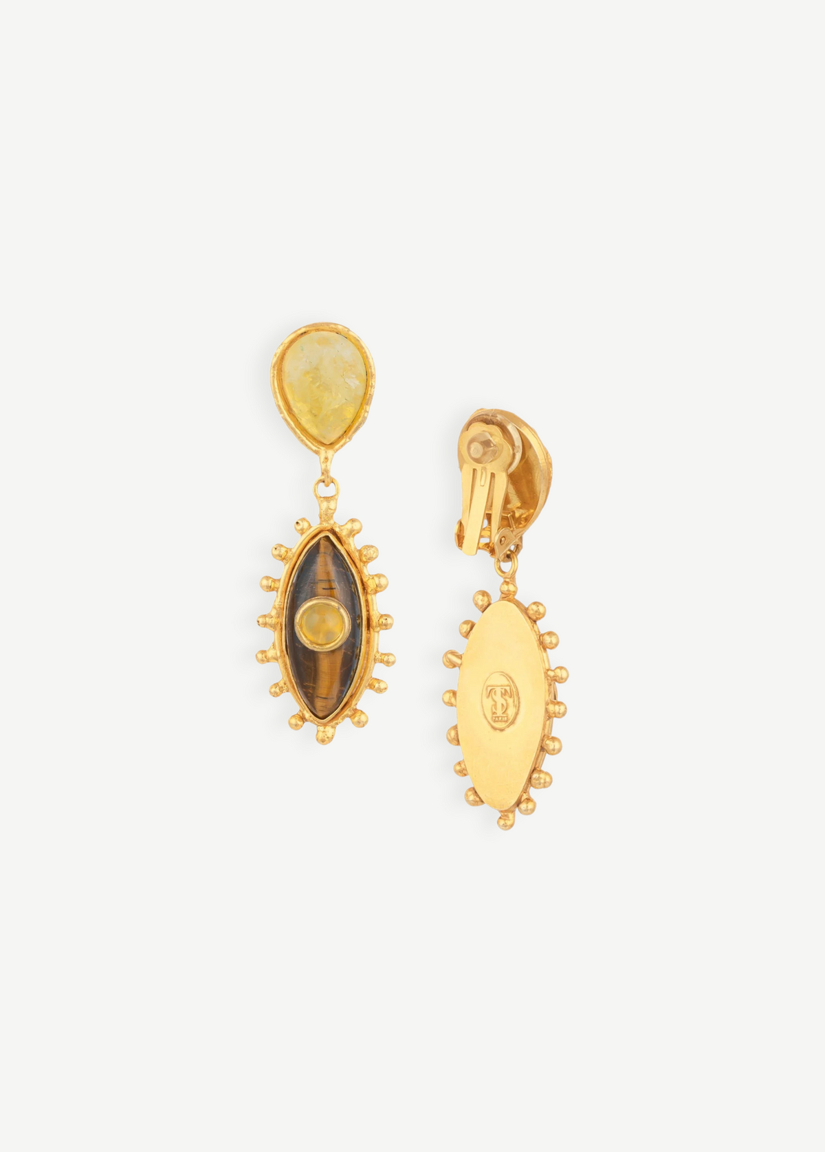 KABE SHOP INC Third Eye earrings featuring Tiger Eye and Yellow Onyx stones in a gold-toned handcrafted setting.