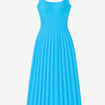 Bright blue Ellison Dress featuring a square neckline and a flattering, ribbed, pleated midi skirt.