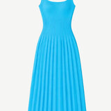 Bright blue Ellison Dress featuring a square neckline and a flattering, ribbed, pleated midi skirt.
