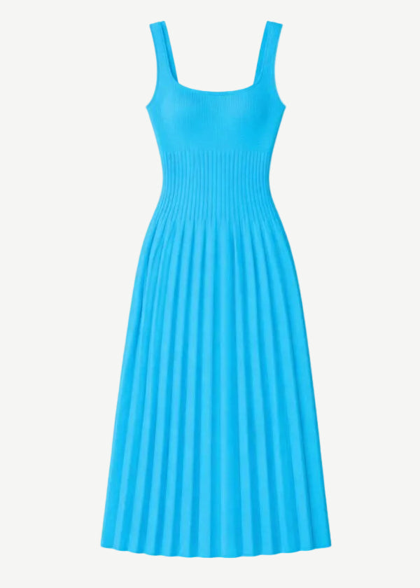 Bright blue Ellison Dress featuring a square neckline and a flattering, ribbed, pleated midi skirt.