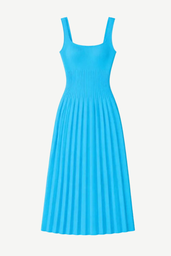 Bright blue Ellison Dress featuring a square neckline and a flattering, ribbed, pleated midi skirt.