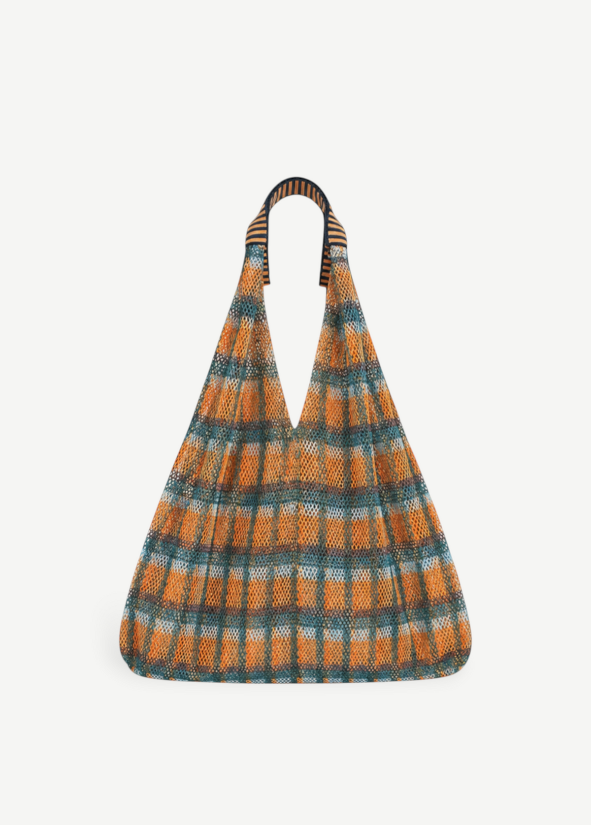 KABE SHOP INC Udaipur bag featuring a vibrant orange and teal plaid mesh design with striped woven shoulder straps.