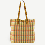 KABE SHOP INC Kanpur bag featuring a vibrant yellow and orange plaid mesh design with striped shoulder straps.