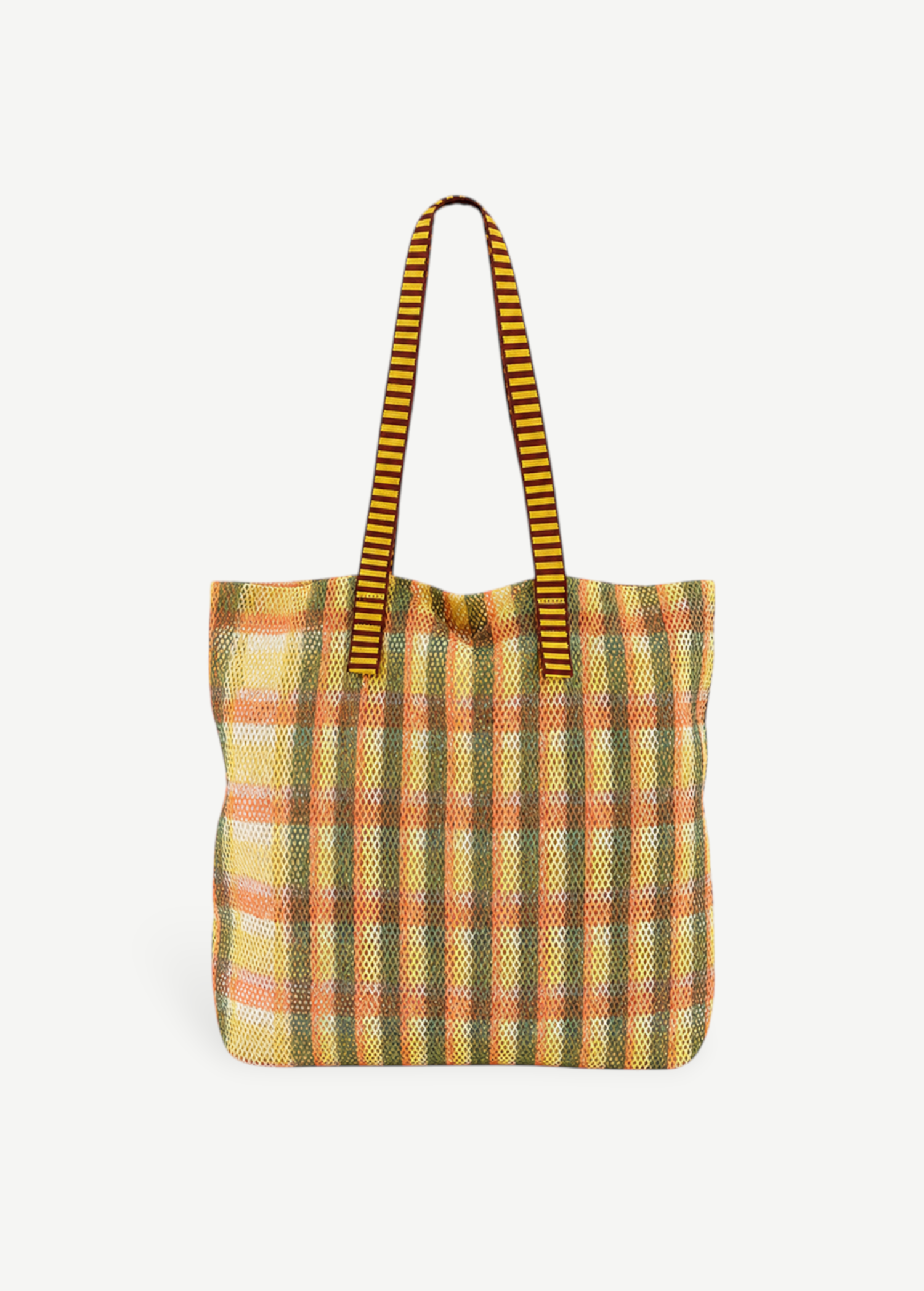 KABE SHOP INC Kanpur bag featuring a vibrant yellow and orange plaid mesh design with striped shoulder straps.