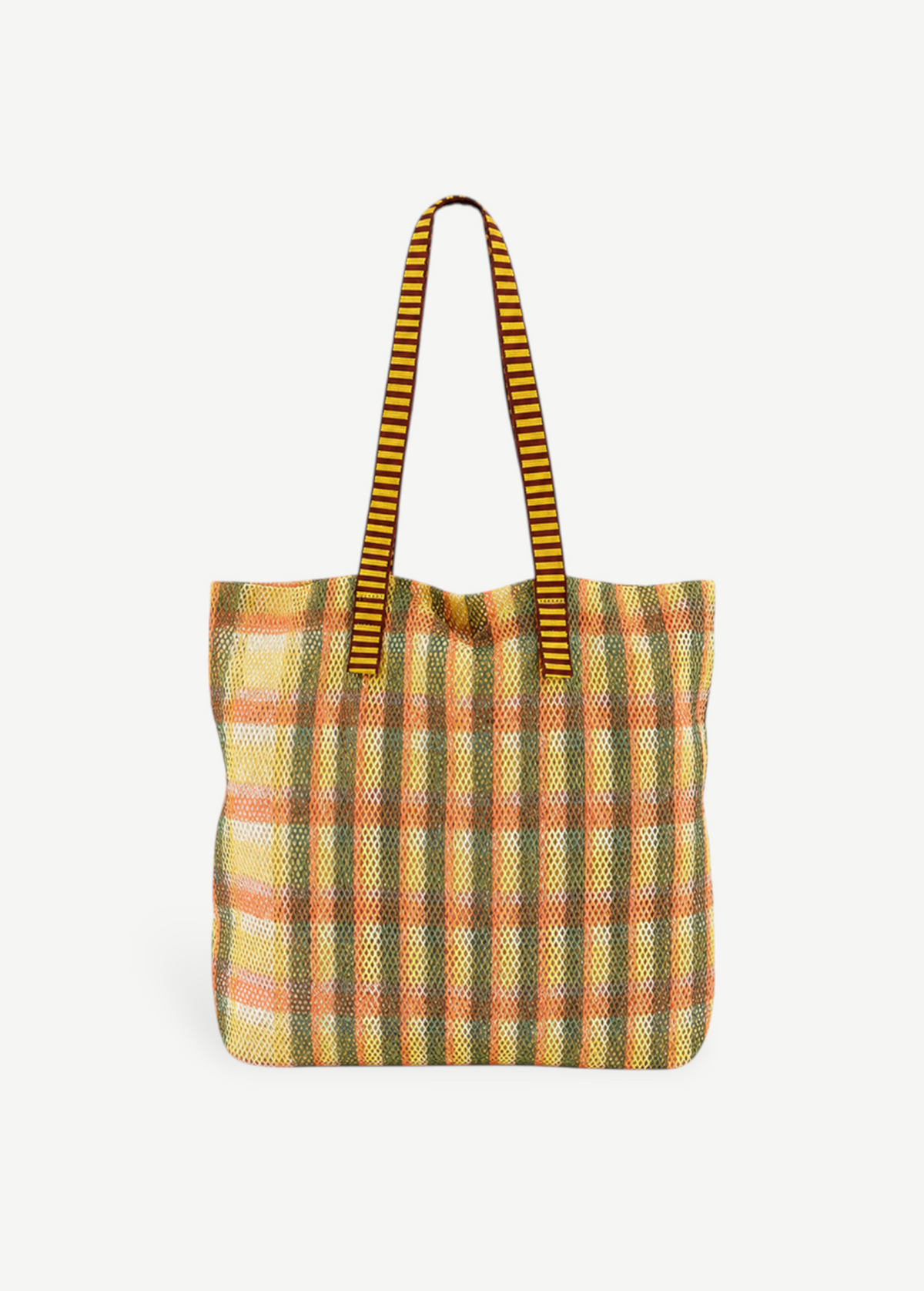 KABE SHOP INC Kanpur bag featuring a vibrant yellow and orange plaid mesh design with striped shoulder straps.