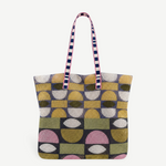 KABE SHOP INC Kanpur bag featuring a geometric woven pattern in yellow, pink, and grey with striped shoulder straps.