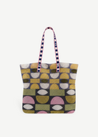 KABE SHOP INC Kanpur bag featuring a geometric woven pattern in yellow, pink, and grey with striped shoulder straps.