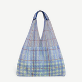 KABE SHOP INC Elziver bag in a blue and green plaid mesh fabric with contrasting dark blue woven shoulder straps.