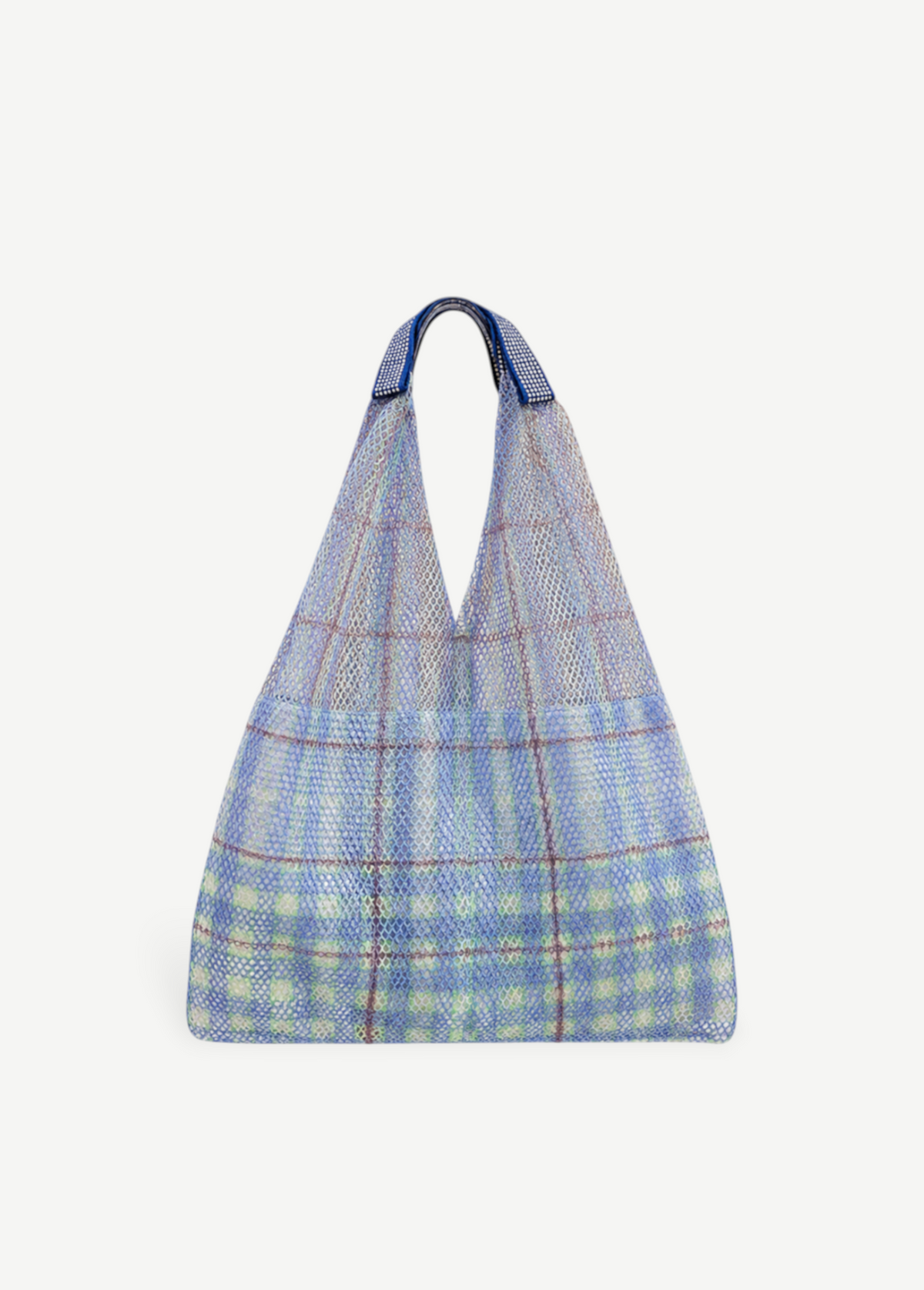 KABE SHOP INC Elziver bag in a blue and green plaid mesh fabric with contrasting dark blue woven shoulder straps.