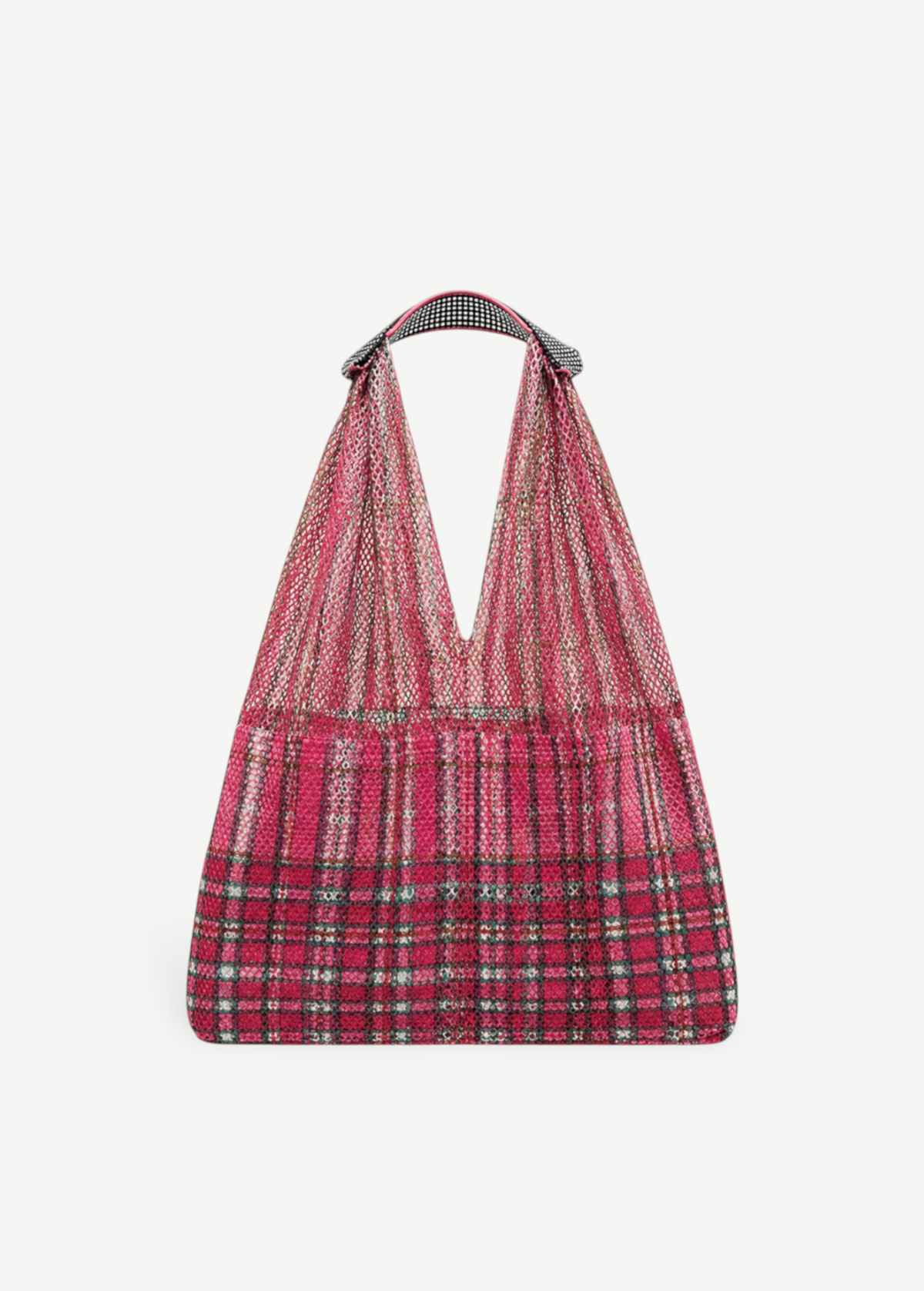 KABE SHOP INC Elziver bag featuring a vibrant pink plaid textile base with a lightweight mesh upper and woven handle.