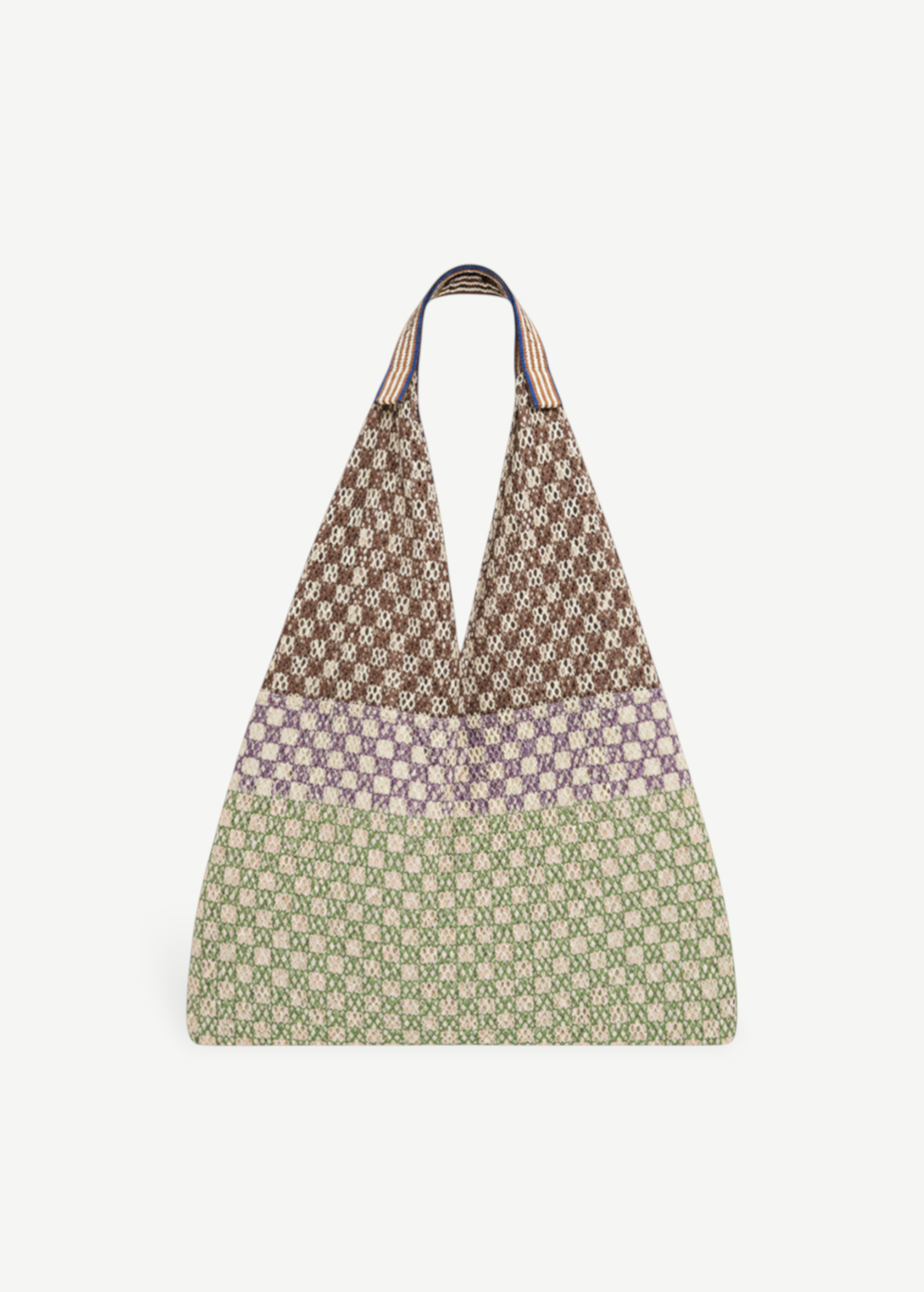 KABE SHOP INC Elziver bag featuring a tri-color geometric woven pattern in brown, purple, and green with striped straps.