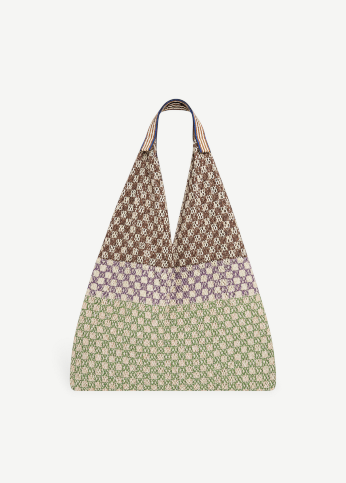 KABE SHOP INC Elziver bag featuring a tri-color geometric woven pattern in brown, purple, and green with striped straps.