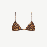 Introducing the Equator Top Swimwear: a leopard print triangle bikini top made from recycled nylon, designed with thin adjustable shoulder straps and a straightforward front clasp for a customizable fit. This stylish piece is part of our adjustable swimwear collection.