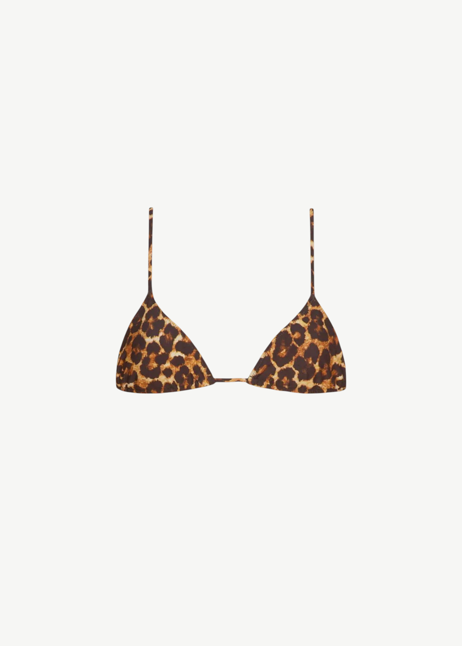 Introducing the Equator Top Swimwear: a leopard print triangle bikini top made from recycled nylon, designed with thin adjustable shoulder straps and a straightforward front clasp for a customizable fit. This stylish piece is part of our adjustable swimwear collection.