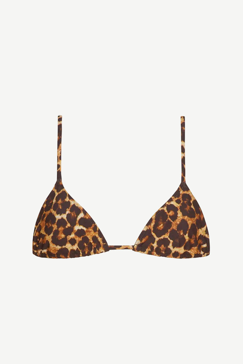 Introducing the Equator Top Swimwear: a leopard print triangle bikini top made from recycled nylon, designed with thin adjustable shoulder straps and a straightforward front clasp for a customizable fit. This stylish piece is part of our adjustable swimwear collection.