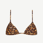 Introducing the Equator Top Swimwear: a leopard print triangle bikini top made from recycled nylon, designed with thin adjustable shoulder straps and a straightforward front clasp for a customizable fit. This stylish piece is part of our adjustable swimwear collection.