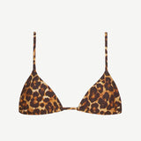 Introducing the Equator Top Swimwear: a leopard print triangle bikini top made from recycled nylon, designed with thin adjustable shoulder straps and a straightforward front clasp for a customizable fit. This stylish piece is part of our adjustable swimwear collection.
