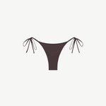 The Praia Bottom is a brown triangle bikini bottom with side ties, made from eco-friendly swimwear materials and shown against a white background.