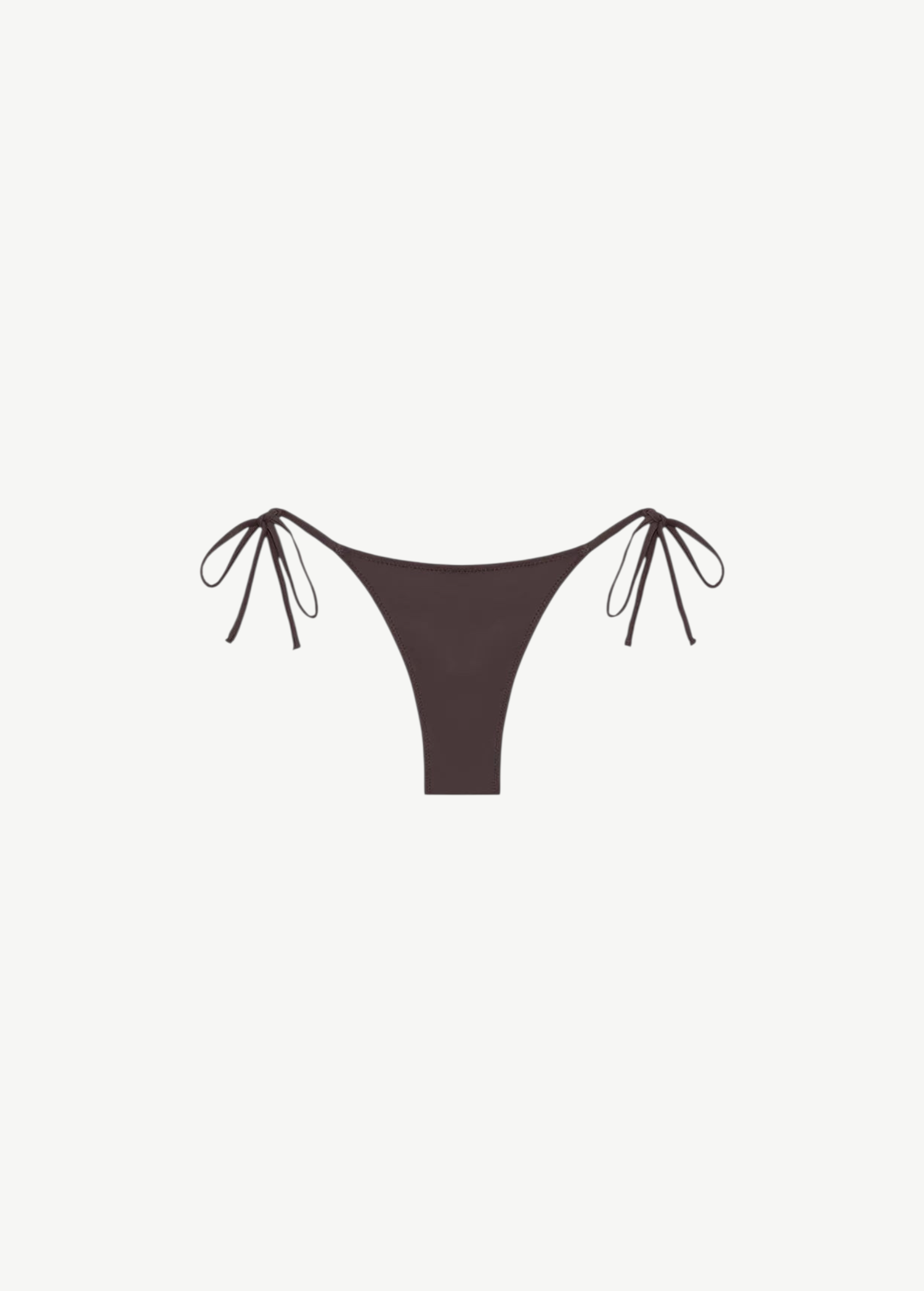 The Praia Bottom is a brown triangle bikini bottom with side ties, made from eco-friendly swimwear materials and shown against a white background.