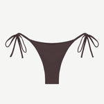 The Praia Bottom is a brown triangle bikini bottom with side ties, made from eco-friendly swimwear materials and shown against a white background.