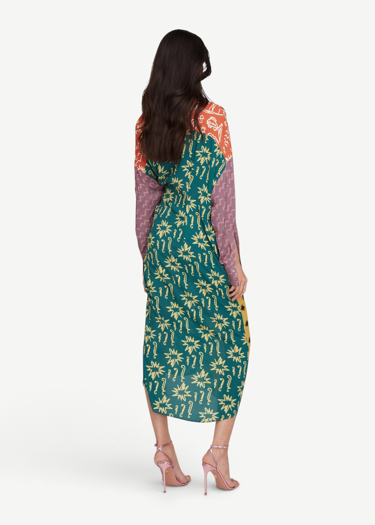 KABE SHOP INC Estrellitas shirt dress in viscose with a multi-colored star print, wrap design, and long sleeves.