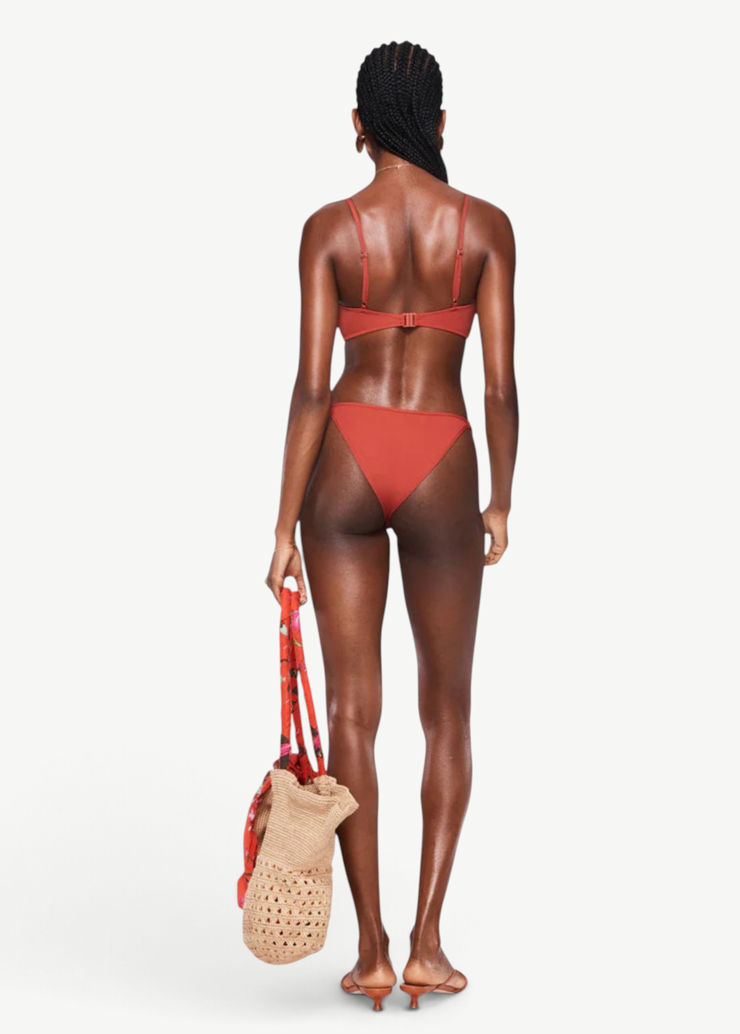 Model wearing KABE SHOP INC high-rise terracotta bikini bottom with sculpting compression fabric, back view