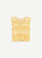 KABE SHOP INC Eva Vest in pale yellow featuring intricate handcrafted crochet detailing and a button-front closure.